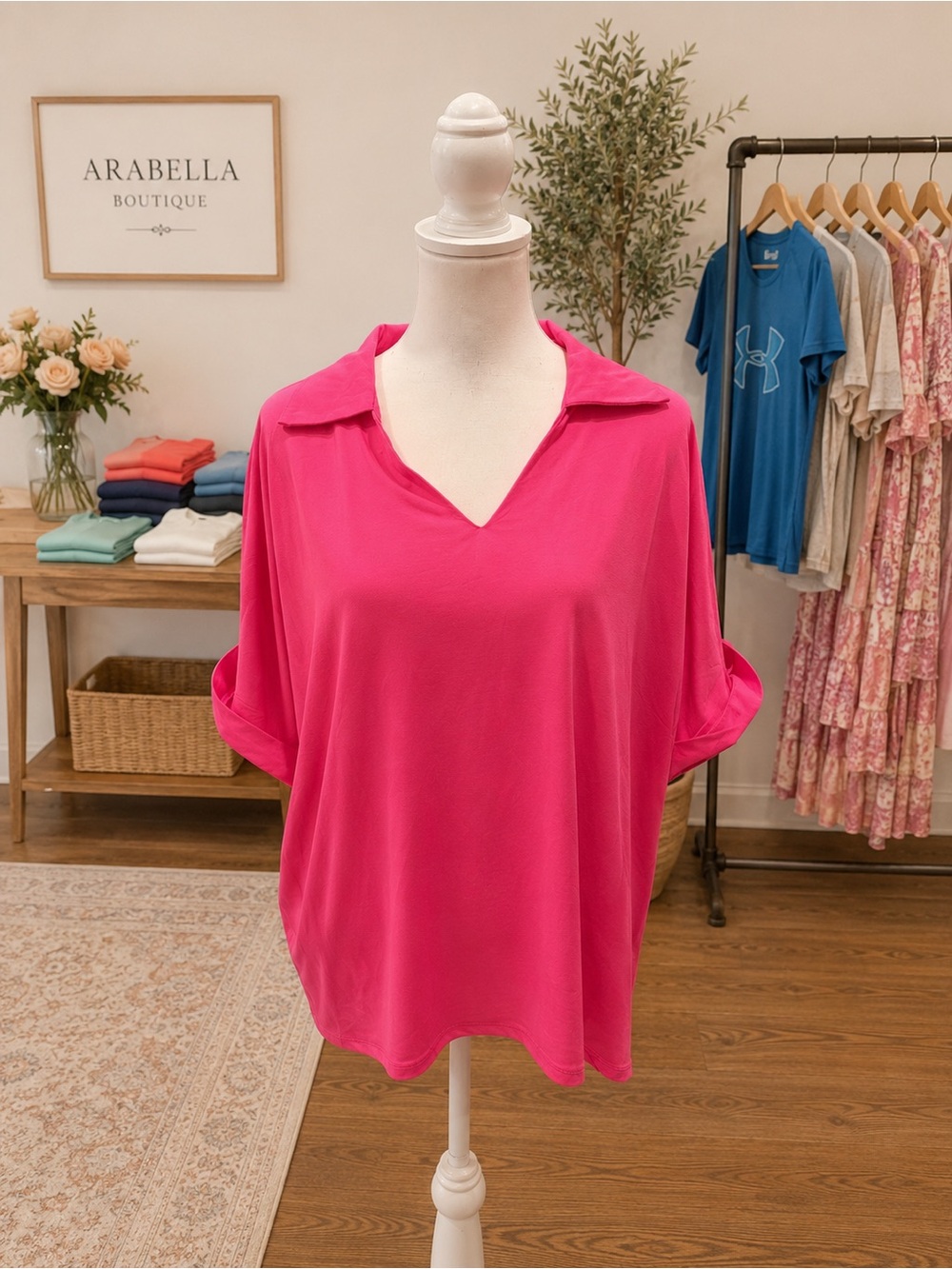Grace & Emma Hot Pink Collared Split Neck Top Size Medium NWT